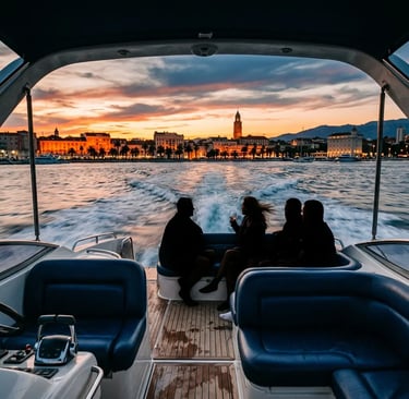 Guests silhouetted on speedboat approaching Split waterfront at golden hour sunset