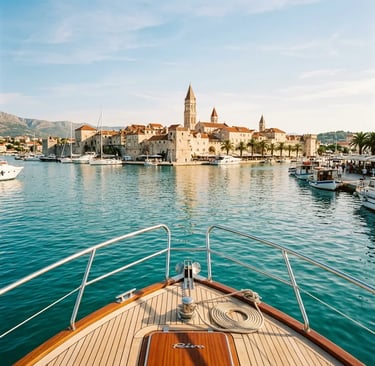 Bow of Magnific Raptor speedboat approaching Trogir old town from the sea