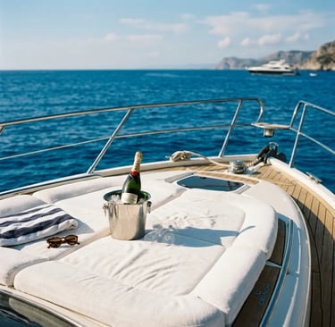 Champagne on bow sunpad of Cranchi 39 speedboat with Ionian Sea horizon view