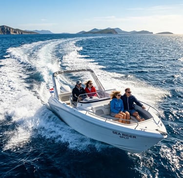 Speedboat crossing the open Adriatic Sea near Split with Croatian islands on the horizon