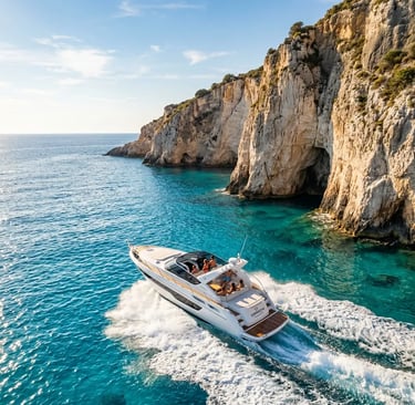Cranchi Endurance 39 speedboat cruising past limestone cliffs in Zakynthos Ionian Sea