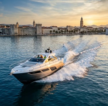 Luxury speedboat departing Split old town for a Hvar island hopping tour at golden hour