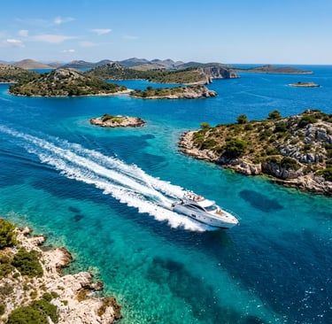 Aerial view of a speedboat cruising through turquoise Adriatic Sea near Croatian islands