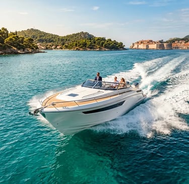 Private speedboat cruising turquoise water near Dubrovnik on Elaphiti Islands tour