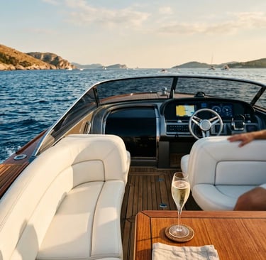 Teak deck of a premium boat tour Split with wine glass and open Adriatic views