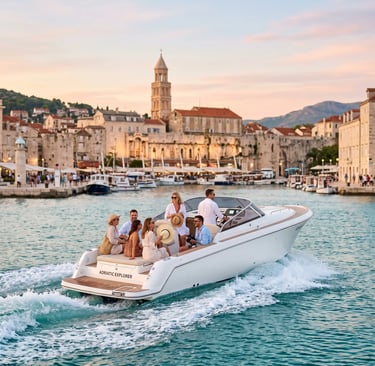 Luxury speedboat with travelers departing Split old harbor near Diocletian's Palace bell tower