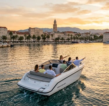 Speedboat departing Split harbor at sunset with Diocletian's Palace and palm trees in background
