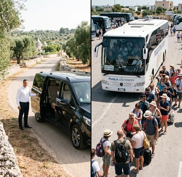 Private Mercedes van for Valle d'Itria tour from Lecce versus crowded group tour bus in Alberobello