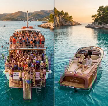 Crowded group tour boat compared with private luxury speedboat in Split Croatia Adriatic waters