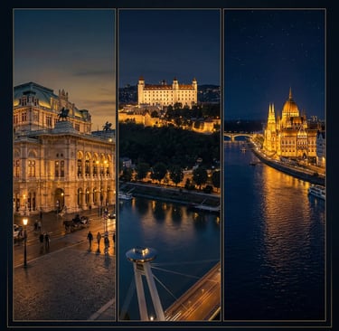 Split composite of Vienna Opera, Bratislava Castle, and Budapest Parliament at night