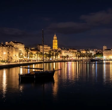 Split Croatia Riva waterfront promenade at night with sailboat silhouette on calm sea