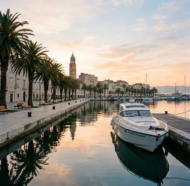 Raptor speedboat docked at Split Riva promenade at sunrise with Diocletian Palace tower