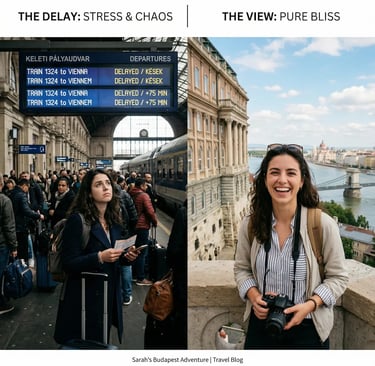 Split photo contrast: stressed traveler at delayed train vs happy tourist at Budapest Castle