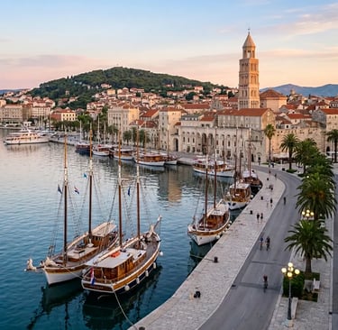 Split harbor Riva promenade with historic wooden sailing ships and Diocletian Palace tower