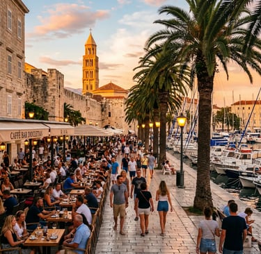 Split Riva promenade at sunset with palm trees, cafés, harbor boats and Saint Domnius bell tower
