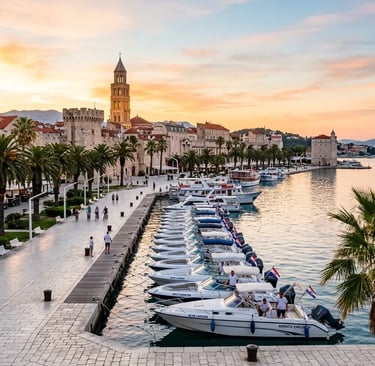Split Riva waterfront with tour boats docked along the promenade at sunset, Croatia