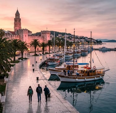 Split Riva promenade at dawn with tour boats and Diocletian's Palace bell tower, Croatia
