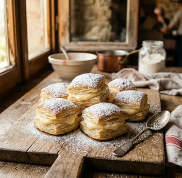 Freshly made sporcamuss pastries with custard cream on a rustic wooden board in Bari