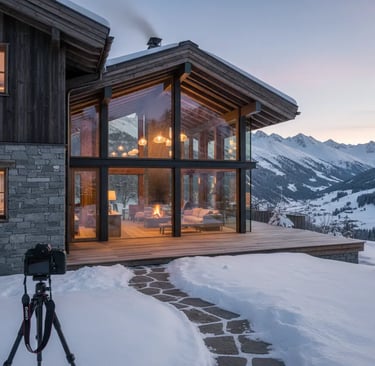 Modern luxury mountain chalet with a glass facade and wooden exterior, surrounded by snow, with a ca