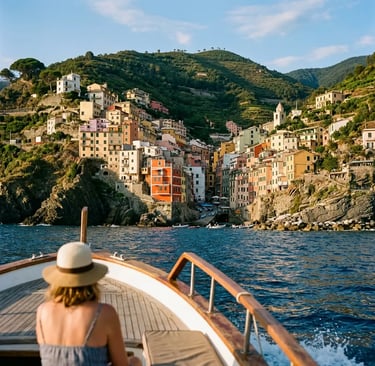 Woman on a private boat approaching the colorful stacked houses of a Cinque Terre village