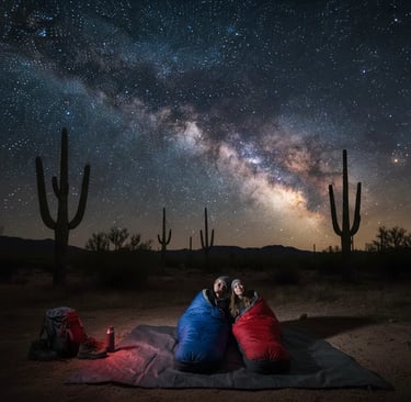 Couple stargazing in sleeping bags in the Sonoran Desert Phoenix Arizona for an outdoor adventure ge