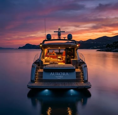Rear view of Azimut 62S Aurora glowing at dusk with purple sunset over calm Adriatic
