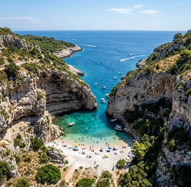 Aerial view of Stiniva Beach hidden between dramatic cliff walls on Vis island, Croatia