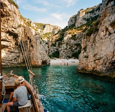 Wooden boat approaching Stiniva Beach on Vis Island between dramatic cliff walls in Croatia.