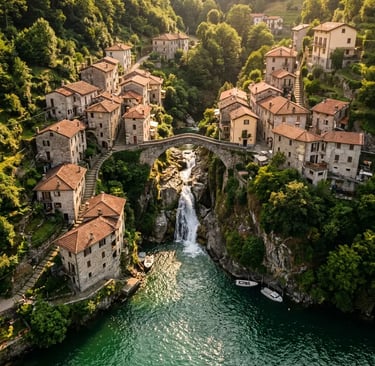 Aerial view of Ponte della Civera stone bridge and Nesso village gorge on Lake Como
