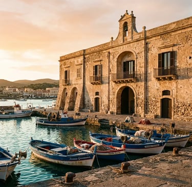 Historic Tonnara di Carloforte stone facade at sunset with traditional fishing boats moored