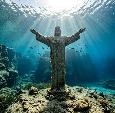 8-meter Jesus statue underwater in Jelinak Cove Via Crucis museum Croatia with sunlight rays