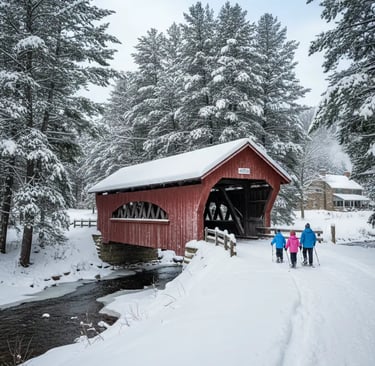 A traditional red covered wooden bridge over a stream in a snowy winter landscape, with a small grou