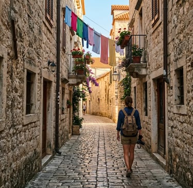 Traveler walking through narrow cobblestone alley in Trogir with colorful hanging laundry
