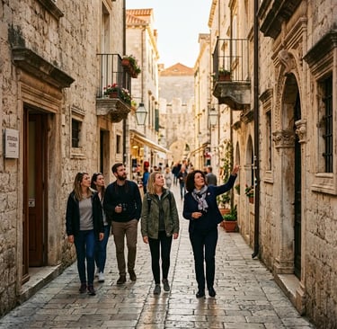 Small group with local guide walking through Dubrovnik Old Town stone streets