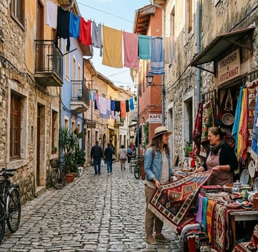 Tourist browsing handmade rugs at a cobblestone street market in Albania