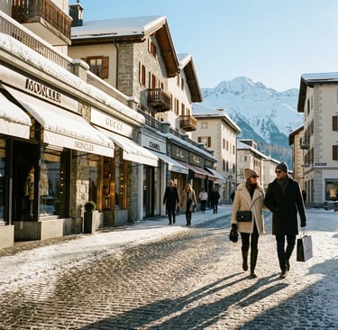 Stylish couple walking past Moncler, Gucci and Chanel stores on snowy St. Moritz street