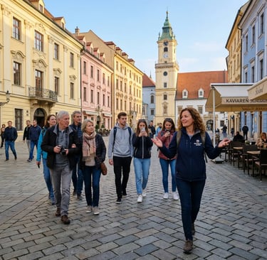Tour guide leading group through Bratislava cobblestone square with clock tower