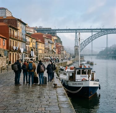 Group of travelers boarding Douro river cruise boat at Porto Ribeira pier on a misty morning