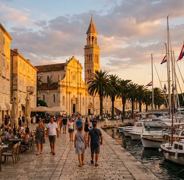 Sunset on Hvar town main square with cathedral, palm trees and sailboats in the harbor.