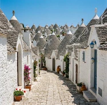  Cobblestone lane through whitewashed trulli with conical roofs in Alberobello