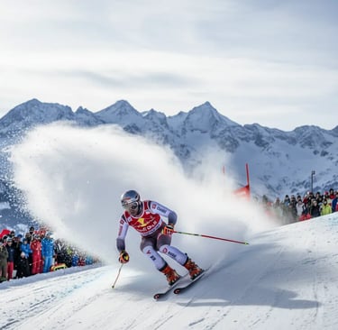 Professional skier racing down a snowy slope with dramatic snow spray and mountain peaks in the back
