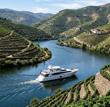 White luxury yacht with Portuguese flag sailing past green terraced vineyards in Douro Valley