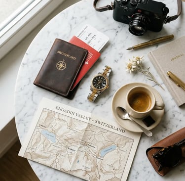 Leather passport holder, Swiss watch, Engadin Valley map and espresso on marble table