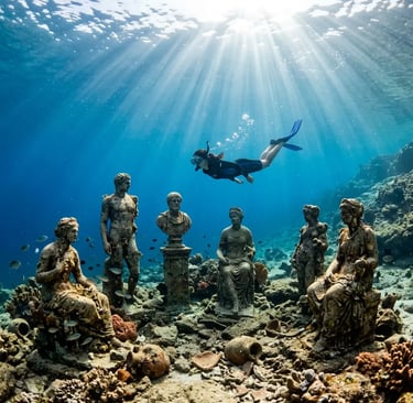 Snorkeler floating above submerged stone statues at Underwater Museum near Split Croatia