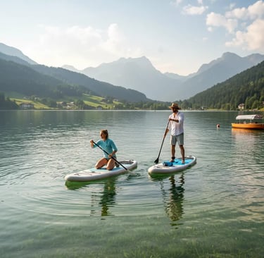 A couple paddleboarding on a calm turquoise lake surrounded by lush green mountains in Zell am See, 