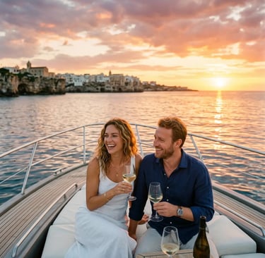 Couple laughing with wine glasses on private charter boat at sunset with Puglia coastline behind