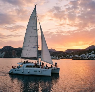 Catamaran sailing into Adamas port Milos at sunset with pink sky and white village lights