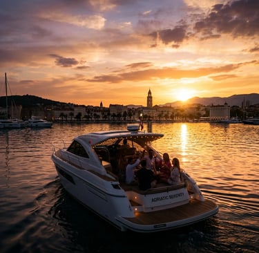 Private luxury speedboat returning to Split harbour at sunset with guests celebrating on deck