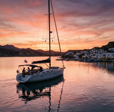 Private sailing yacht with couple on deck returning to Pollonia village at pink sunset, Milos Greece