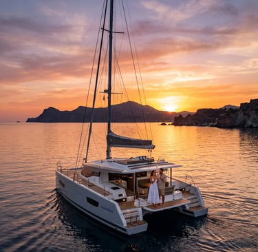Couple toasting wine on luxury private catamaran at golden sunset, Milos coastline exclusive cruise
